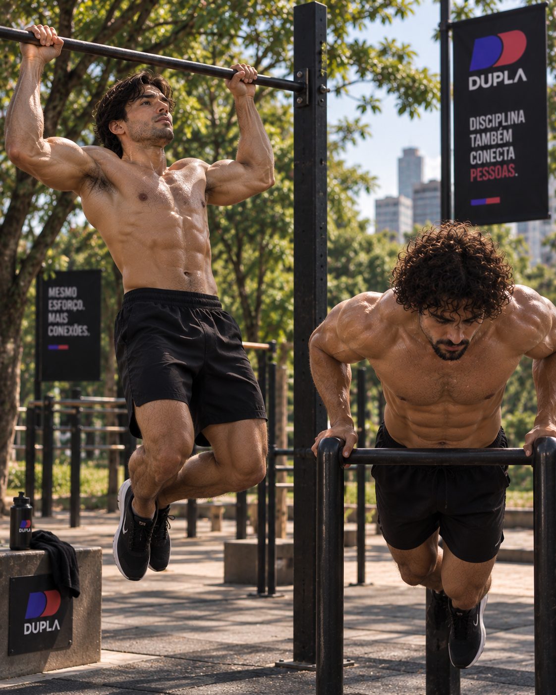 Dois homens treinando calistenia juntos no parque